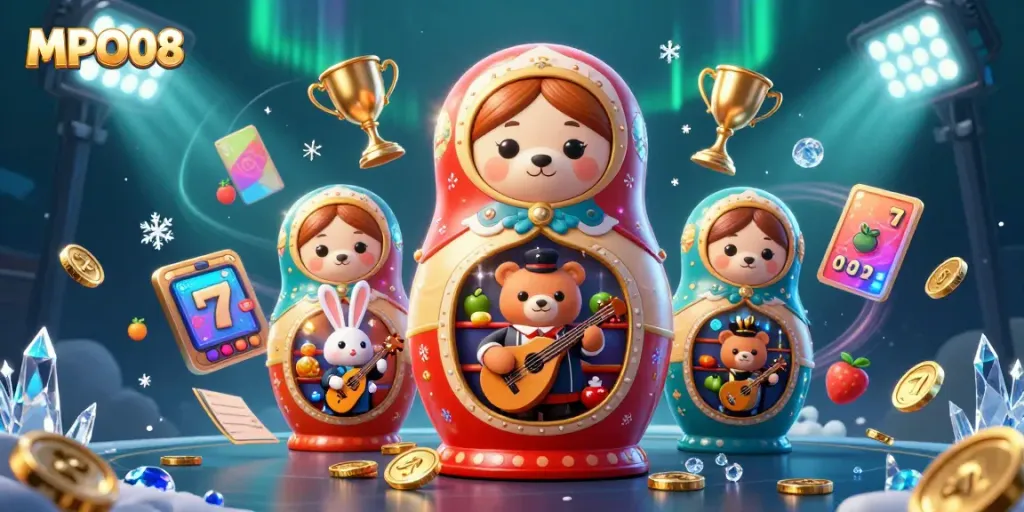 Experience thrilling MPO08 slot action with vibrant 3D characters and dynamic casino elements.