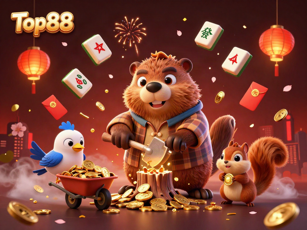 Experience Top88's vibrant casino world with animated characters and golden treasures in this captivating illustration.