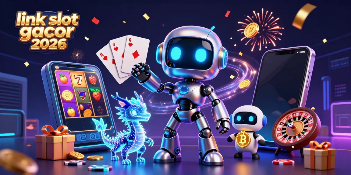 Slot gacor 2026 menampilkan robot canggih dan elemen kasino berwarna-warni untuk pemain.
