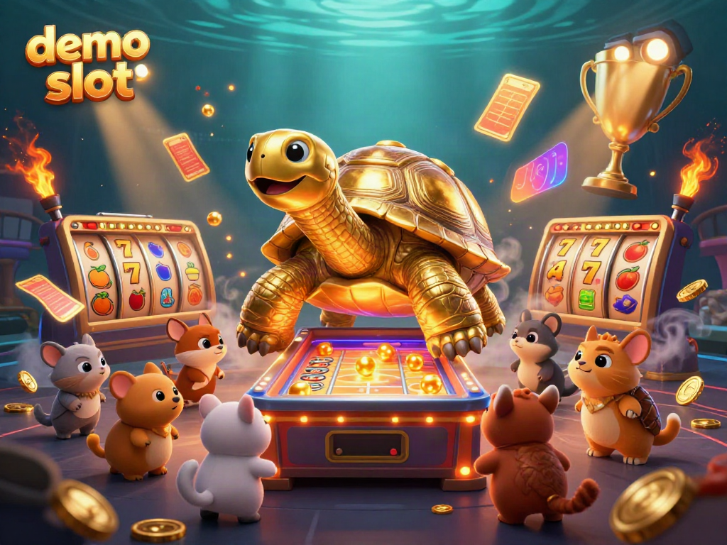 Experience the excitement of demo slot games with a vibrant 3D illustration of a golden tortoise pinball machine.