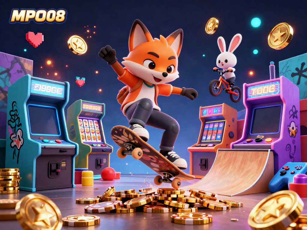 Experience thrilling tricks from MPO08's skateboarder fox and BMX rabbit in a vibrant casino scene.