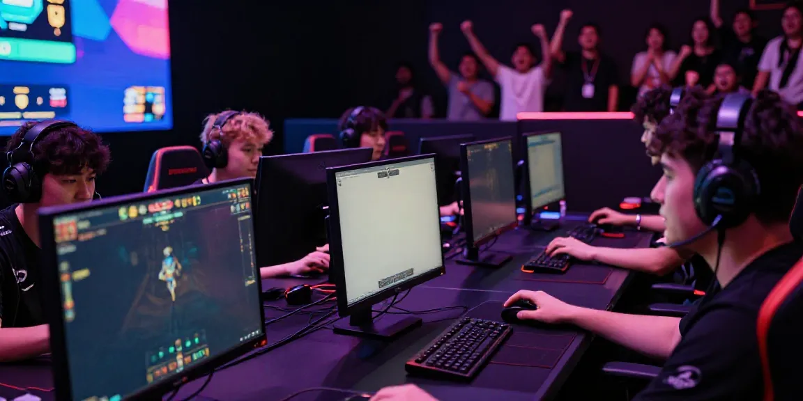 Exciting psgslot gaming competition in an esports arena with focused players and cheering crowd.