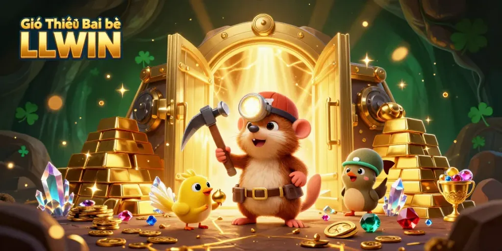 Engage with Giới Thiệu Bạn Bè LLWIN illustrated scene featuring treasure hunting in a casino-themed cave of riches.