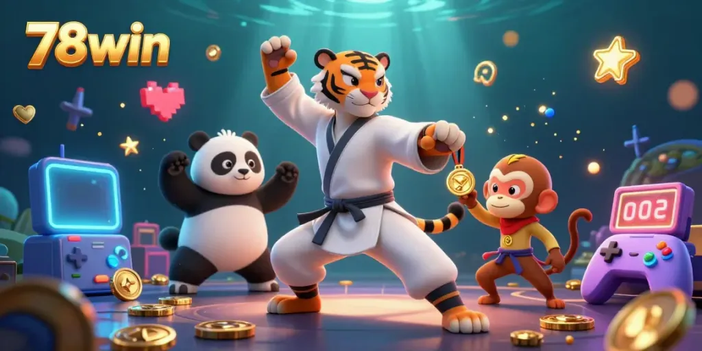 Engage in thrilling arcade gaming at 78win, featuring kung fu tiger and panda amidst vibrant elements.