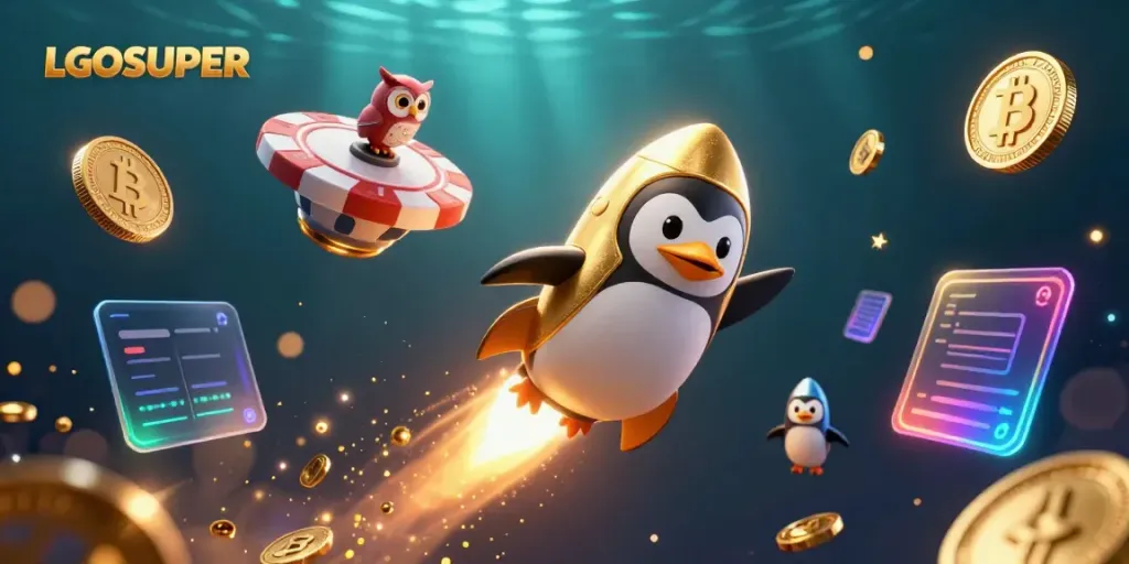 Engage with LGOSUPER's thrilling space adventure, featuring a golden penguin, casino elements, and crypto symbols.