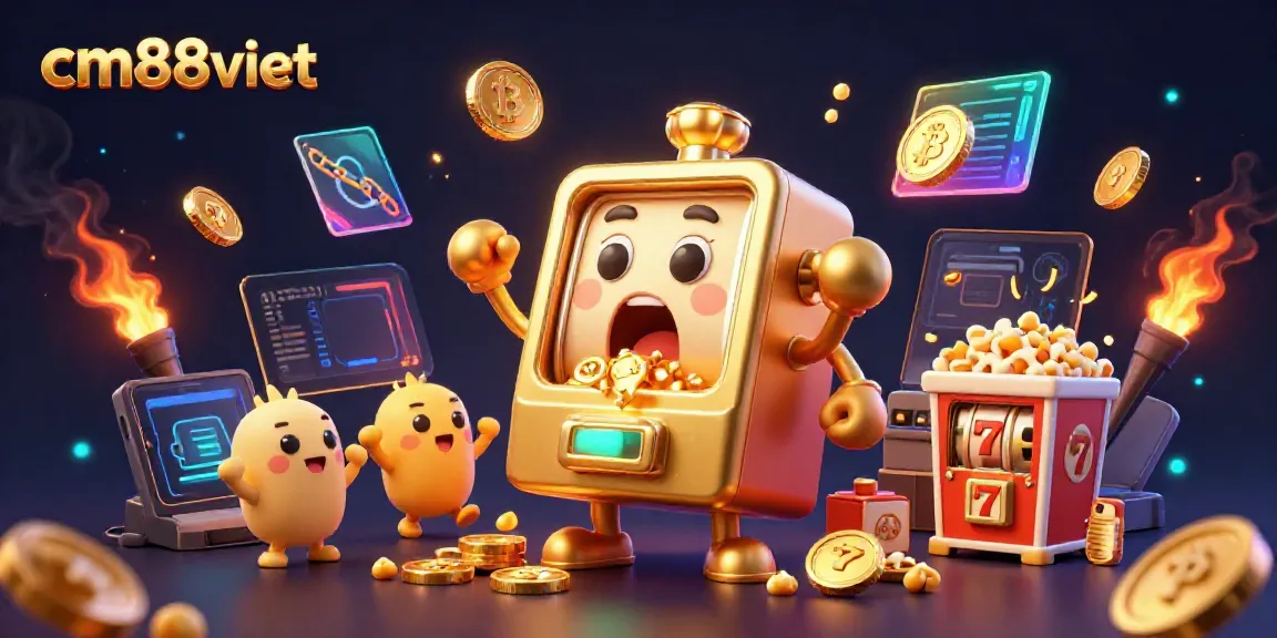 Engaging cm88viet slot machine celebration with gold coins pouring out and cheering smaller machines.