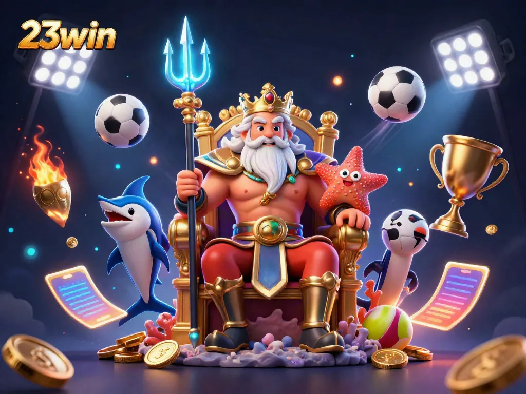 Engage with 23win's dynamic casino scene featuring Neptune amidst sports elements and glamour.