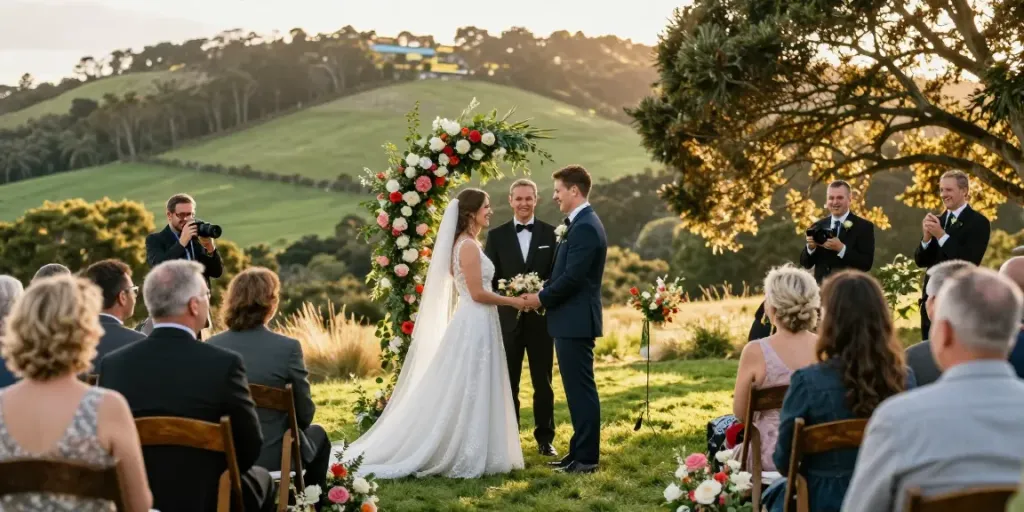 Documentary wedding photographer in Dunedin capturing a couple's heartfelt vows during an outdoor ceremony.