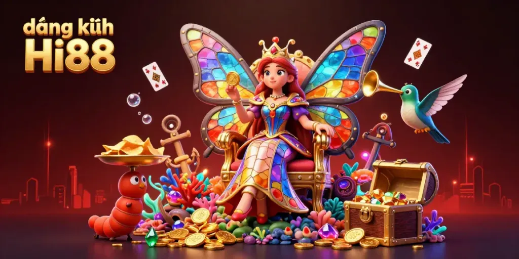 Engage in đăng ký Hi88 with a vibrant scene featuring a butterfly queen surrounded by casino treasures and colorful gems.
