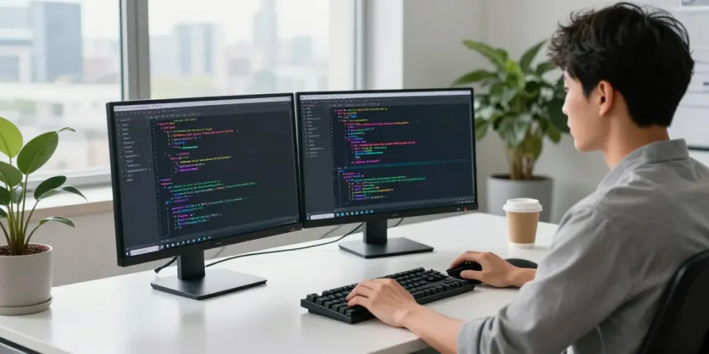 Developer using Notepad++ in a vibrant tech workspace with dual monitors.