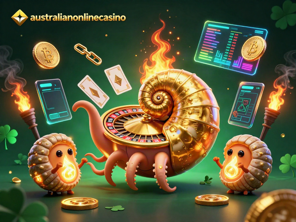 Engage with the vibrant world of gambling at australianonlinecasino, featuring a giant nautilus roulette and glowing crypto elements.