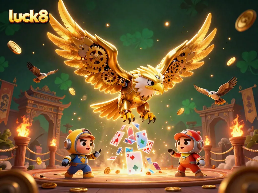 Experience thrilling wins with luck8 as a cybernetic eagle dives through a cascade of holographic cards.