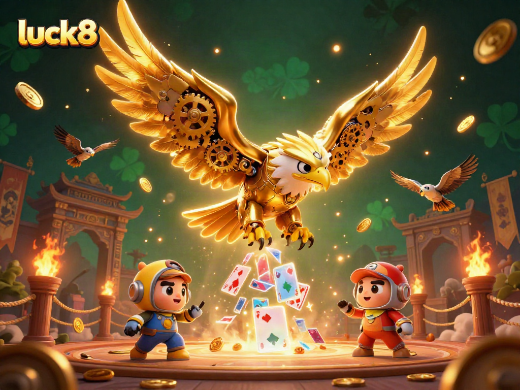 Experience thrilling wins with luck8 as a cybernetic eagle dives through a cascade of holographic cards.