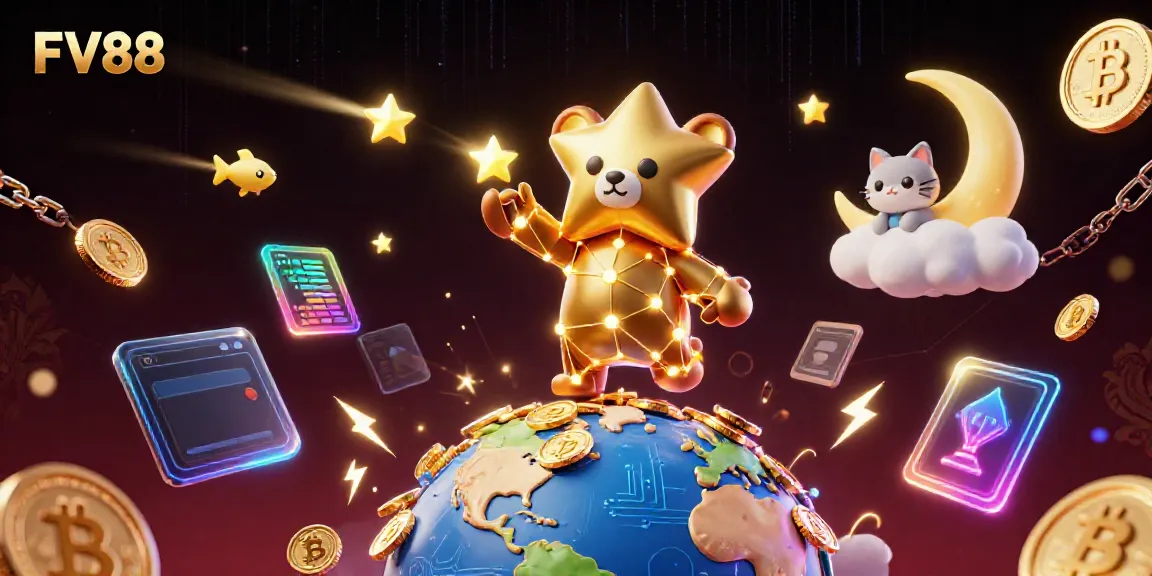 Experience the FV88 casino adventure with a constellation bear and crypto elements in a vibrant 3D scene.
