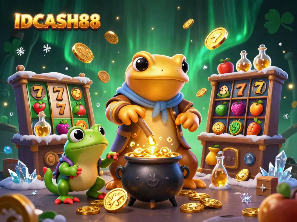Experience thrilling gaming with IDCASH88's 3D cartoon alchemist scene, embodying excitement and gold rewards.