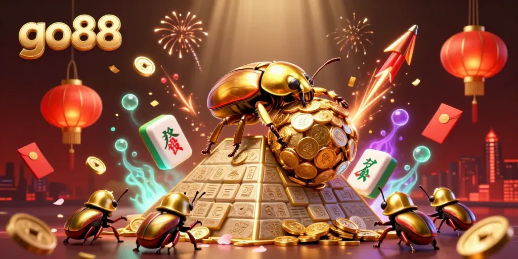Experience go88's vibrant online casino atmosphere with a bustling scene of golden dung beetles and lucky symbols