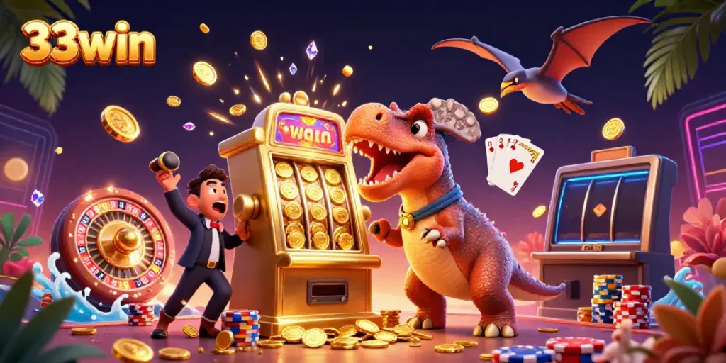Experience thrilling gameplay with 33win as a pachycephalosaurus celebrates winning on a slot machine!