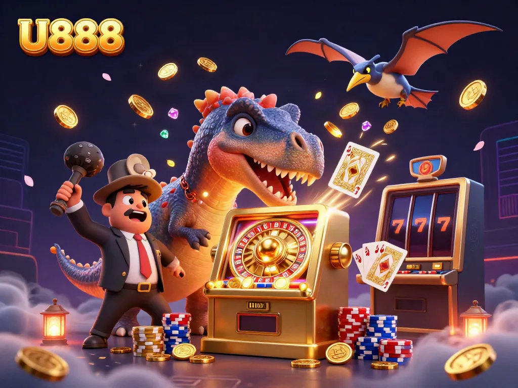 U888 showcases a thrilling jackpot scene with cartoon dinosaurs and golden coins flying around