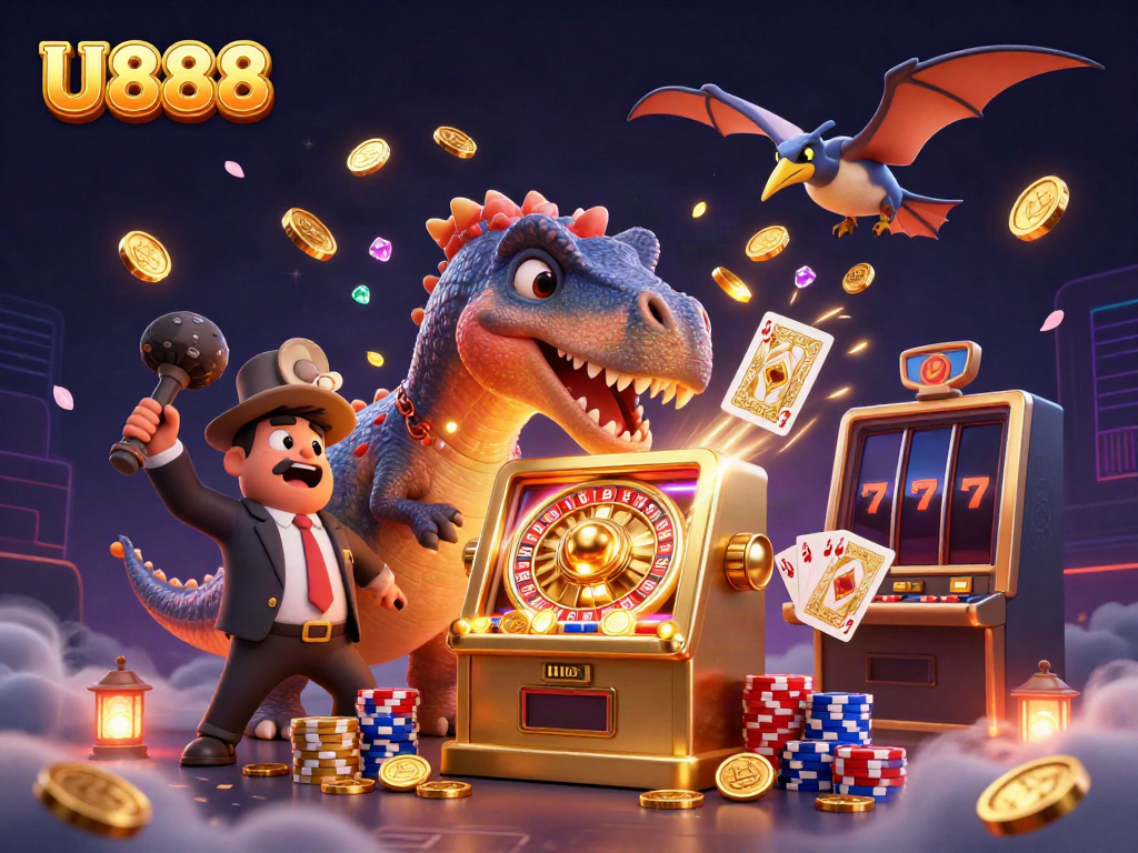U888 showcases a thrilling jackpot scene with cartoon dinosaurs and golden coins flying around