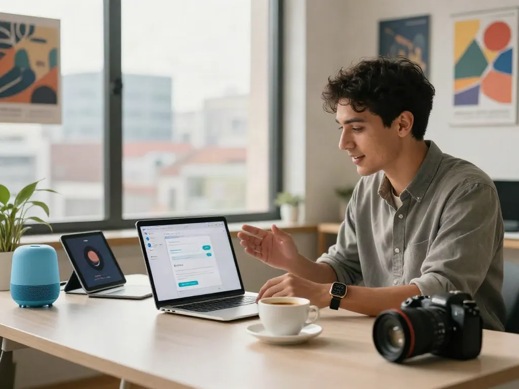 Engaged user utilizing an unfiltered AI chat platform in a modern workspace with tech gadgets.