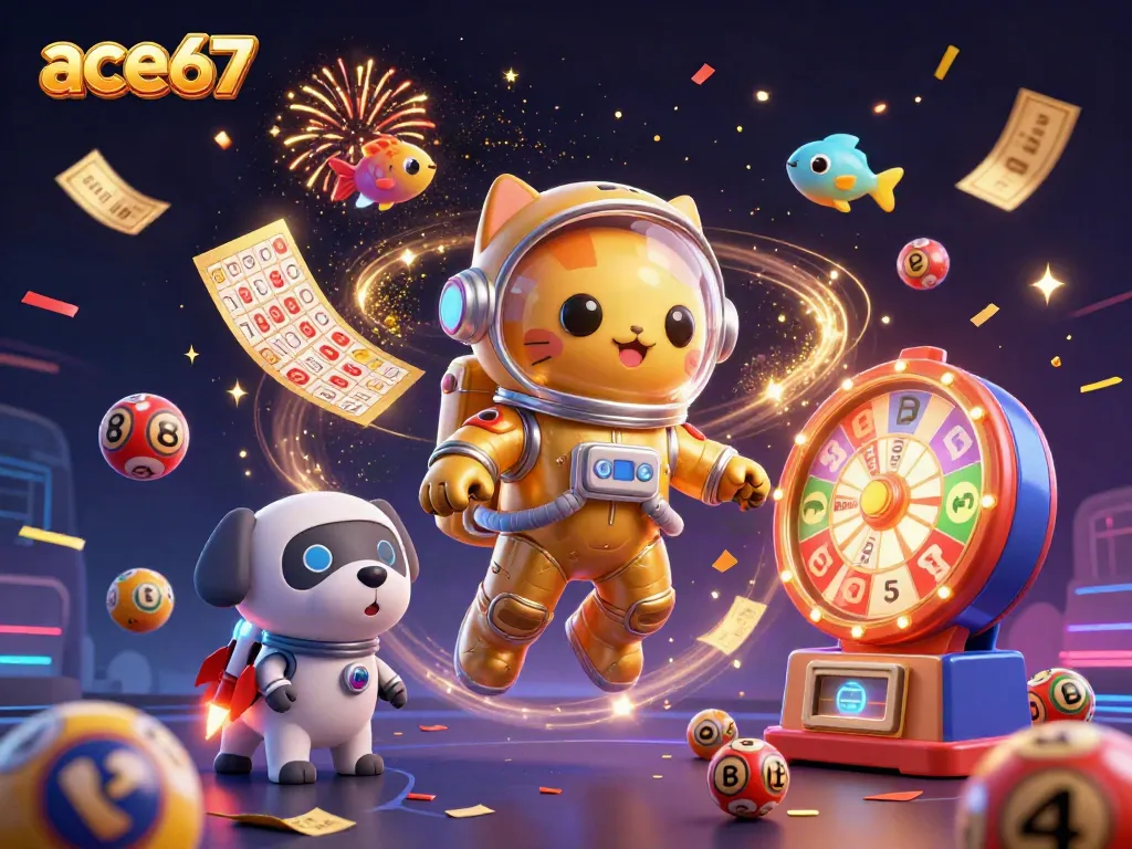 Experience thrilling gameplay with ace67 featuring a floating astronaut cat and dynamic casino elements.
