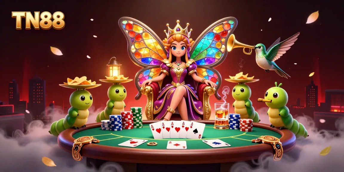 Join the excitement of TN88 with a vibrant cartoon scene illustrating casino elements and characters.