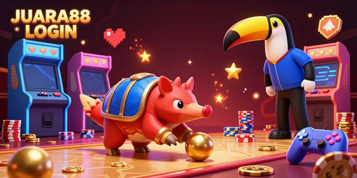 Experience JUARA88 LOGIN as cartoon pangolins roll through golden balls in a vibrant casino scene.
