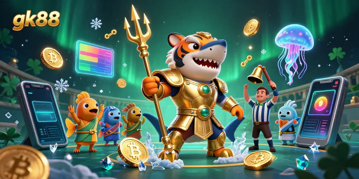 Engage with gk88's thrilling online gaming experience featuring a fierce shark warrior and vibrant crypto elements.