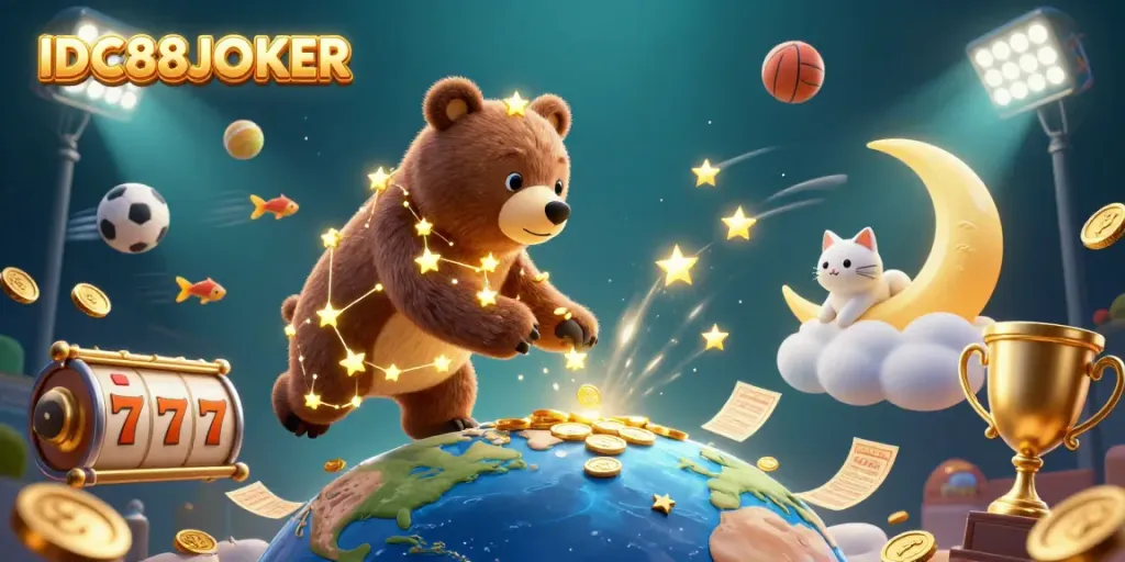 Spin the reels with IDC88JOKER's vibrant constellation-themed casino illustration, featuring interactive elements.