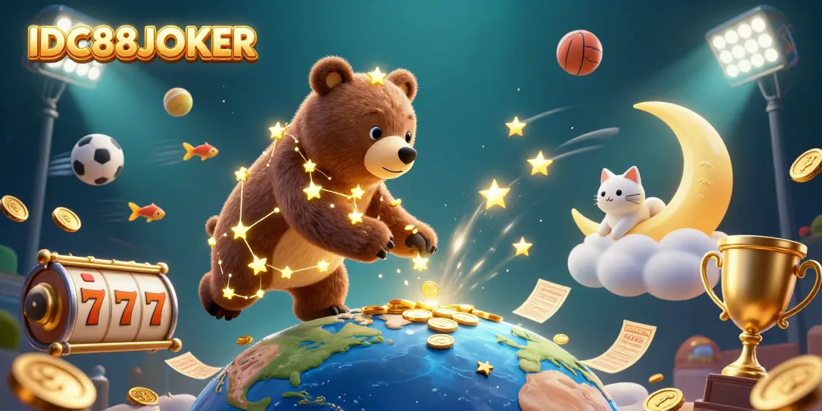 Spin the reels with IDC88JOKER's vibrant constellation-themed casino illustration, featuring interactive elements.