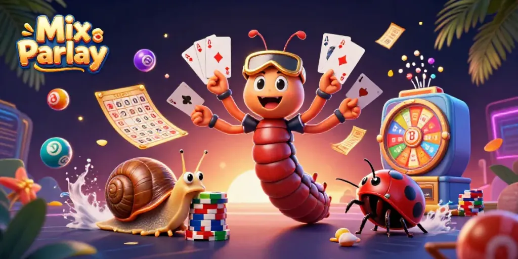 Engage in Mix Parlay gaming with a vibrant 3D casino scene featuring a cartoon millipede dealer, snail high-roller, and excitement
