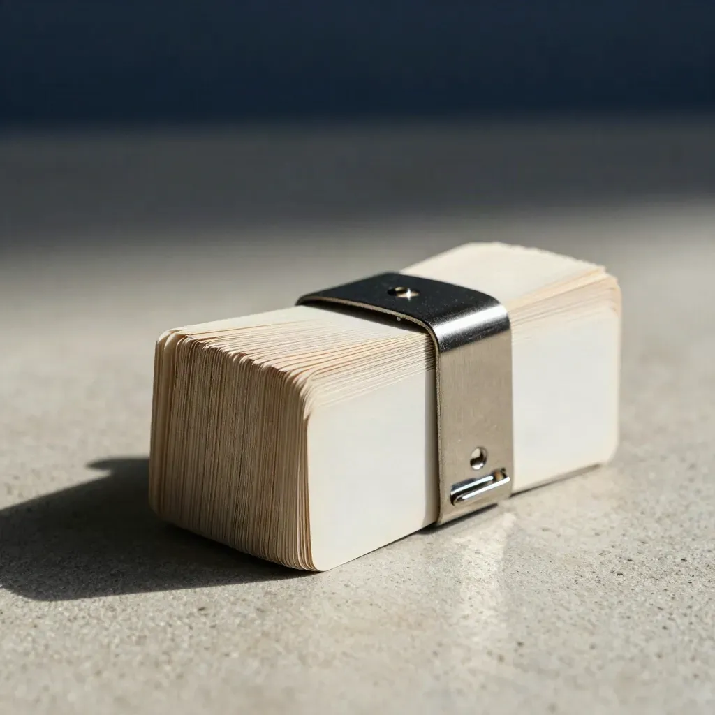 Ivory fan-folded cards with charcoal band and metal clip on pale concrete.