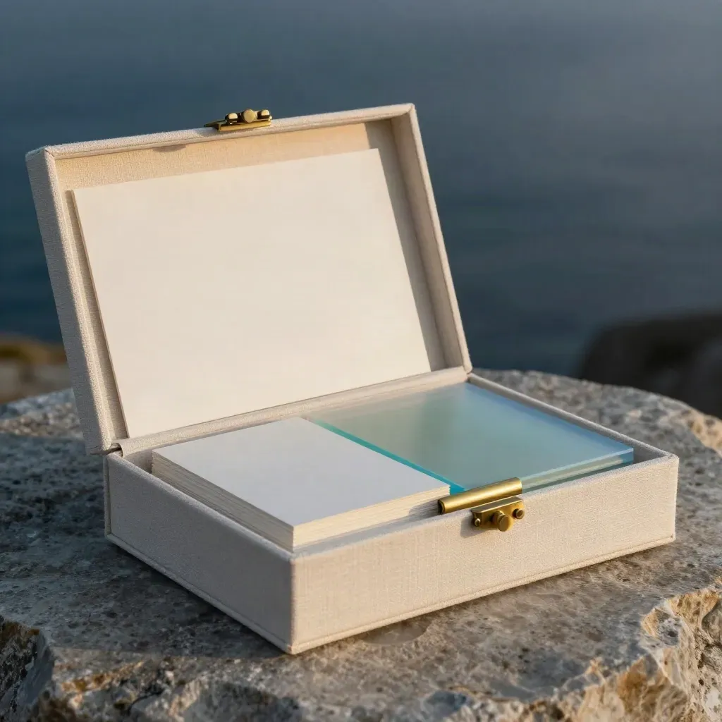 Cream linen brand voice kit open on stone at dawn with cards, booklet, sleeve, and brass clip.