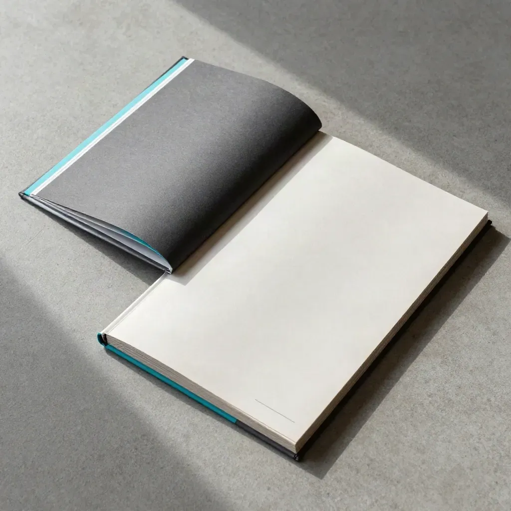 Overhead flatlay of a landing page drafts folio, booklet, and cyan edge tabs on concrete