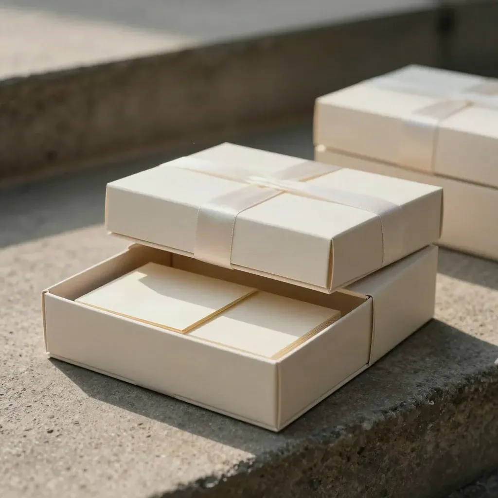 Cream annual-plan boxes on stepped concrete, tilted open with cards in moody studio light.