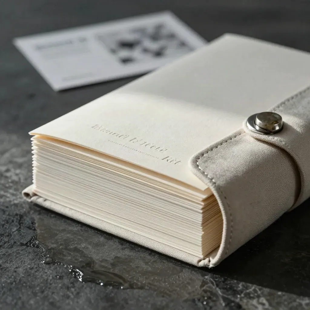 Ivory brand kit half-pulled from a linen sleeve on wet stone with silver accents