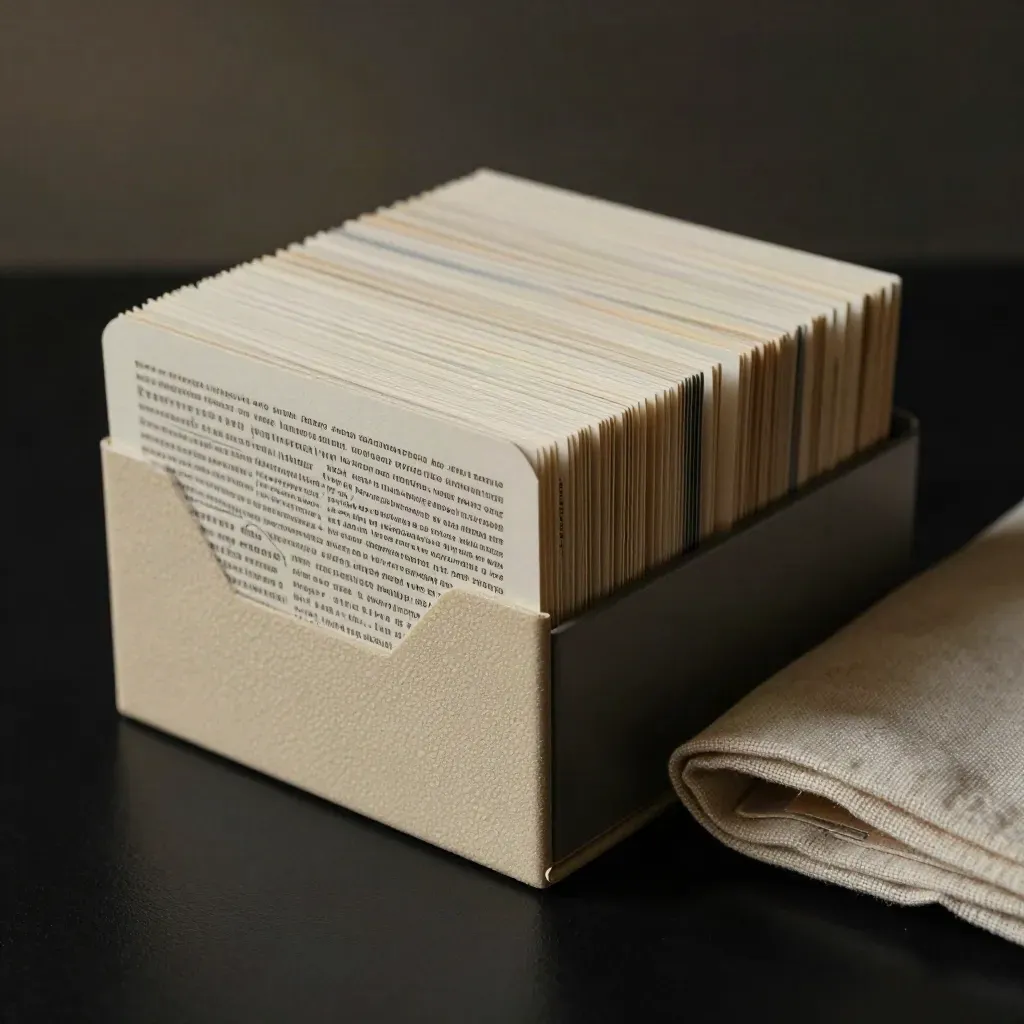 Sand slot case fanning cream cards in a dark studio, low angle with cool rim light and haze.