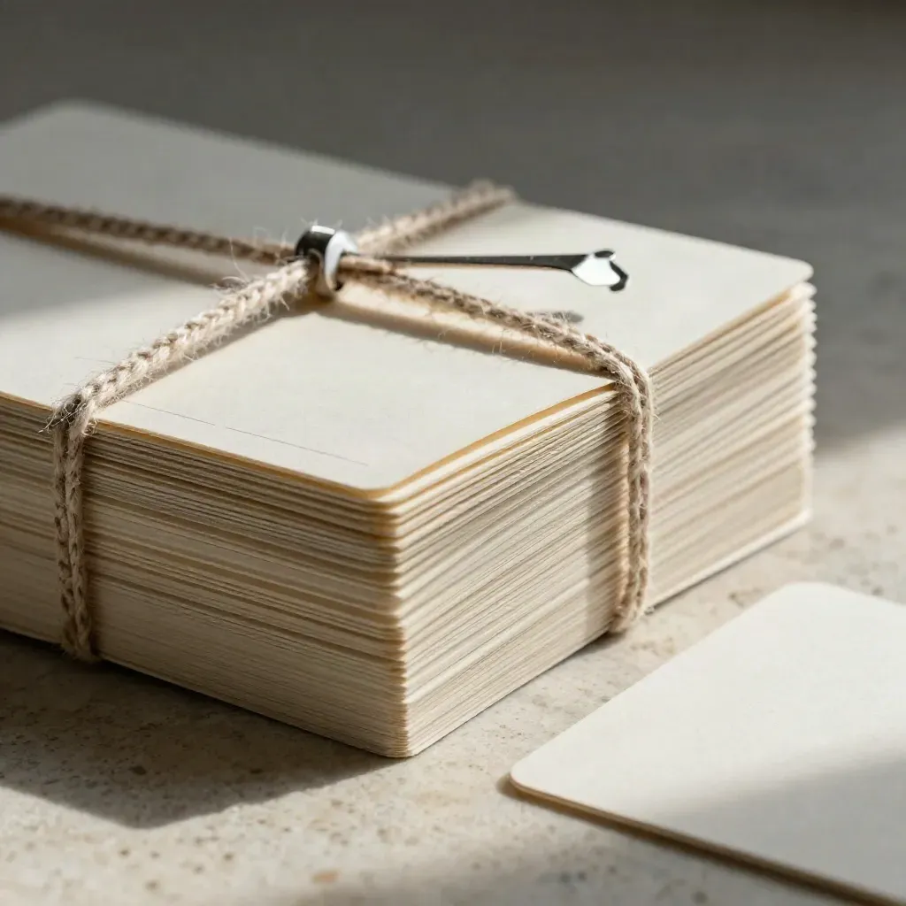 Layered paper brief cards tied with linen on travertine, lit with raking daylight.