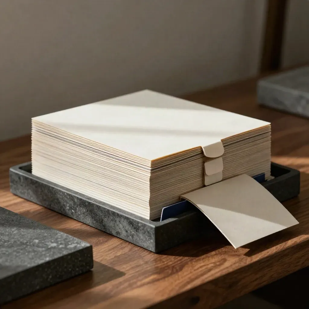 Matte workflow cards partly open beside a polished stone block on walnut.