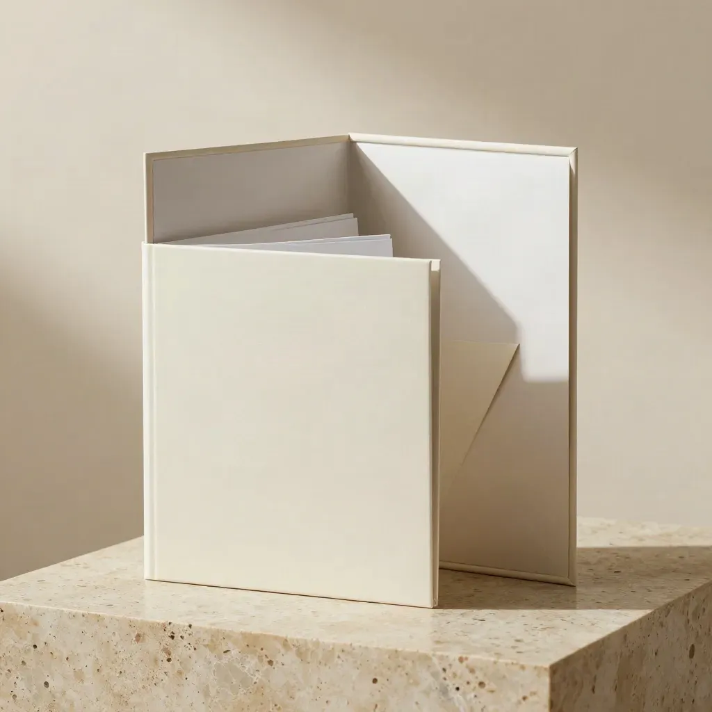 Open ivory Founder Copy Kit box with booklet and envelope on a travertine pedestal.