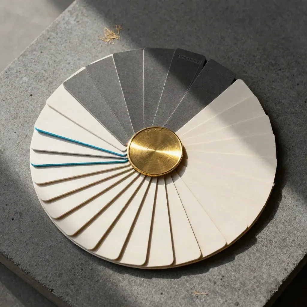 Overhead fan of card tiles around a brass token on dark concrete with a cyan accent
