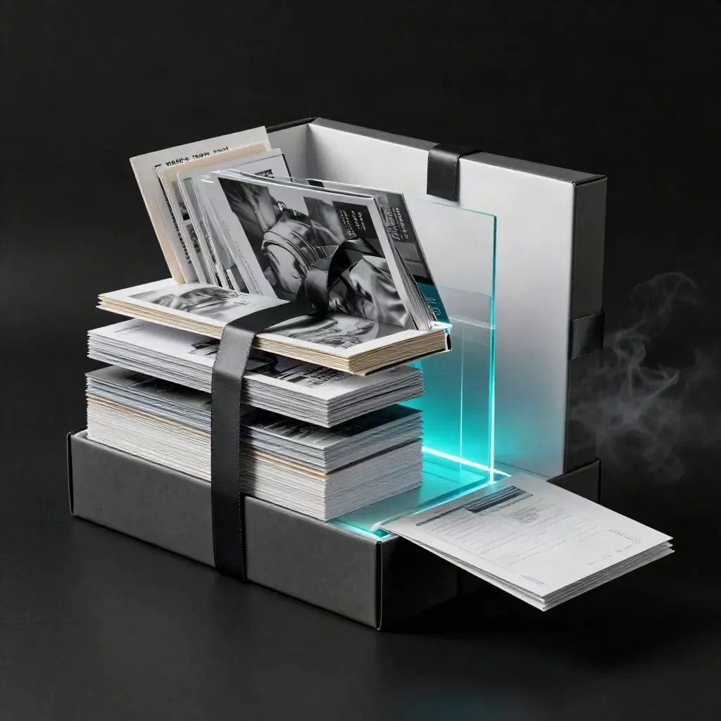 Oversized AI copy bundle boxes with cyan acrylic divider on a dark studio surface