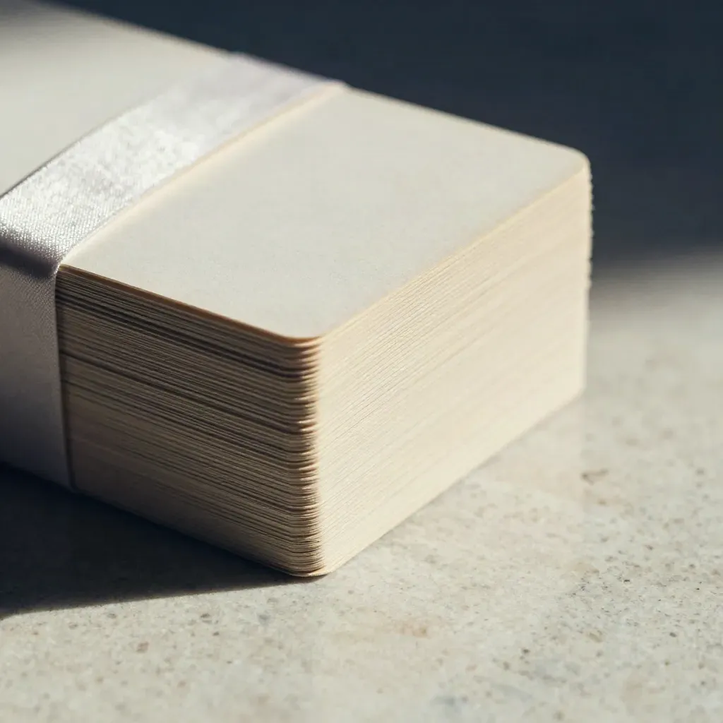 Thirty ivory cards with a matte loop band, settling diagonally beside a shallow case on pale stone.