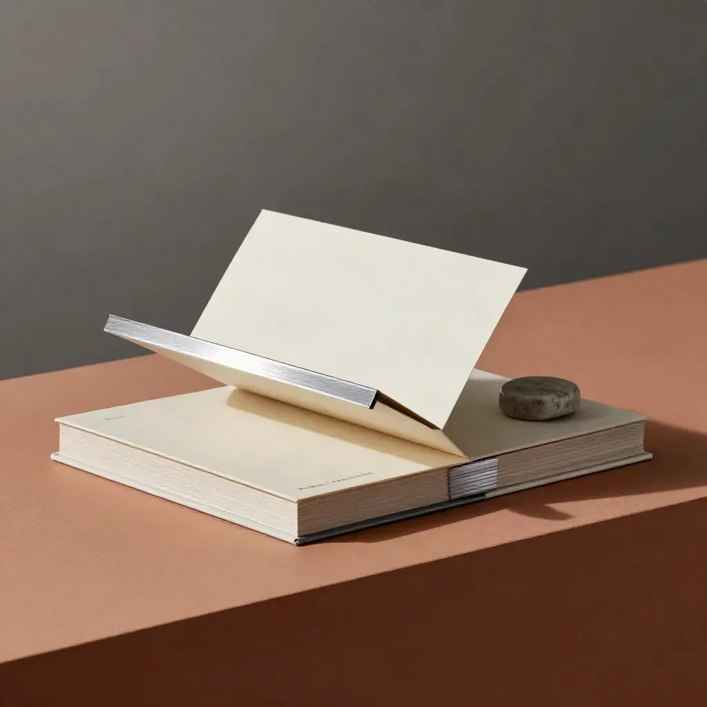 Open product launch brief box with insert, blank sleeve and stone paperweight on terracotta plaster.