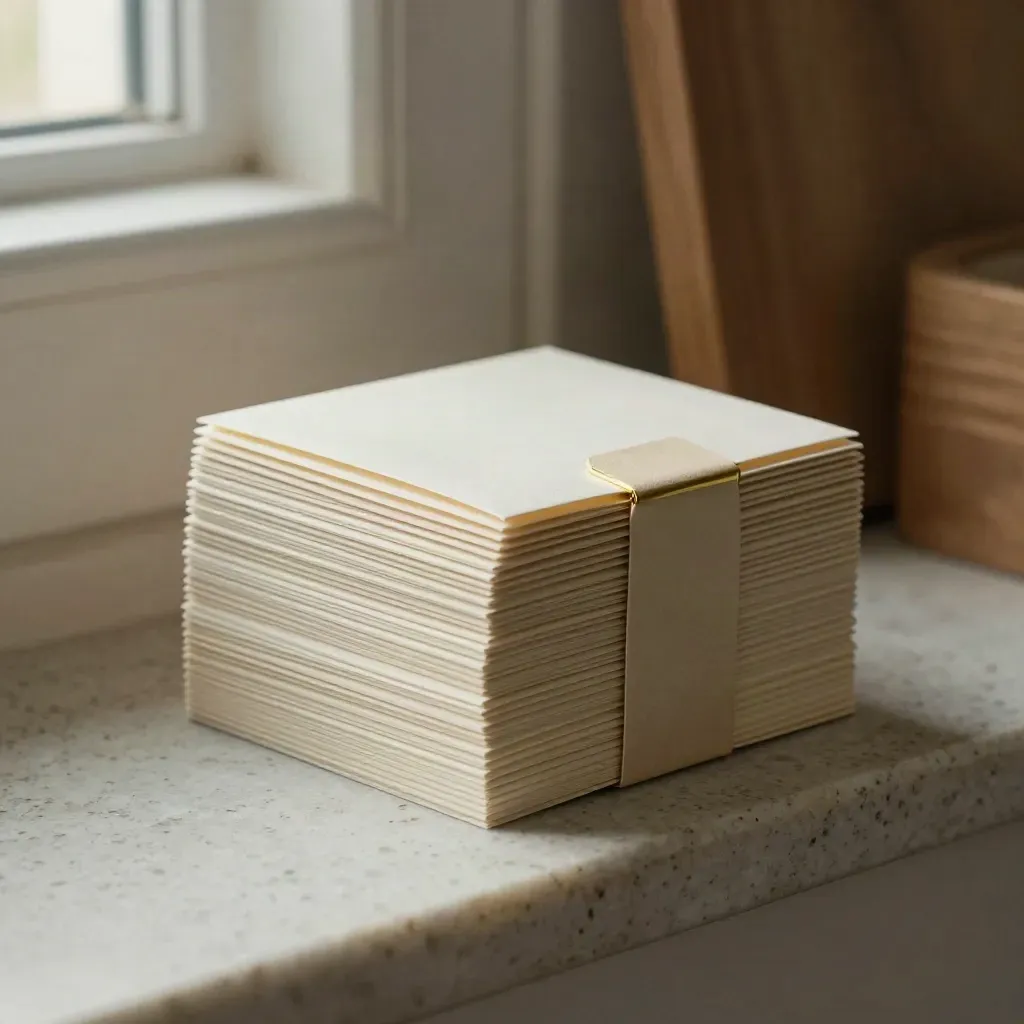 Fanned blank cards in a pale sleeve on travertine, lit by soft daylight.