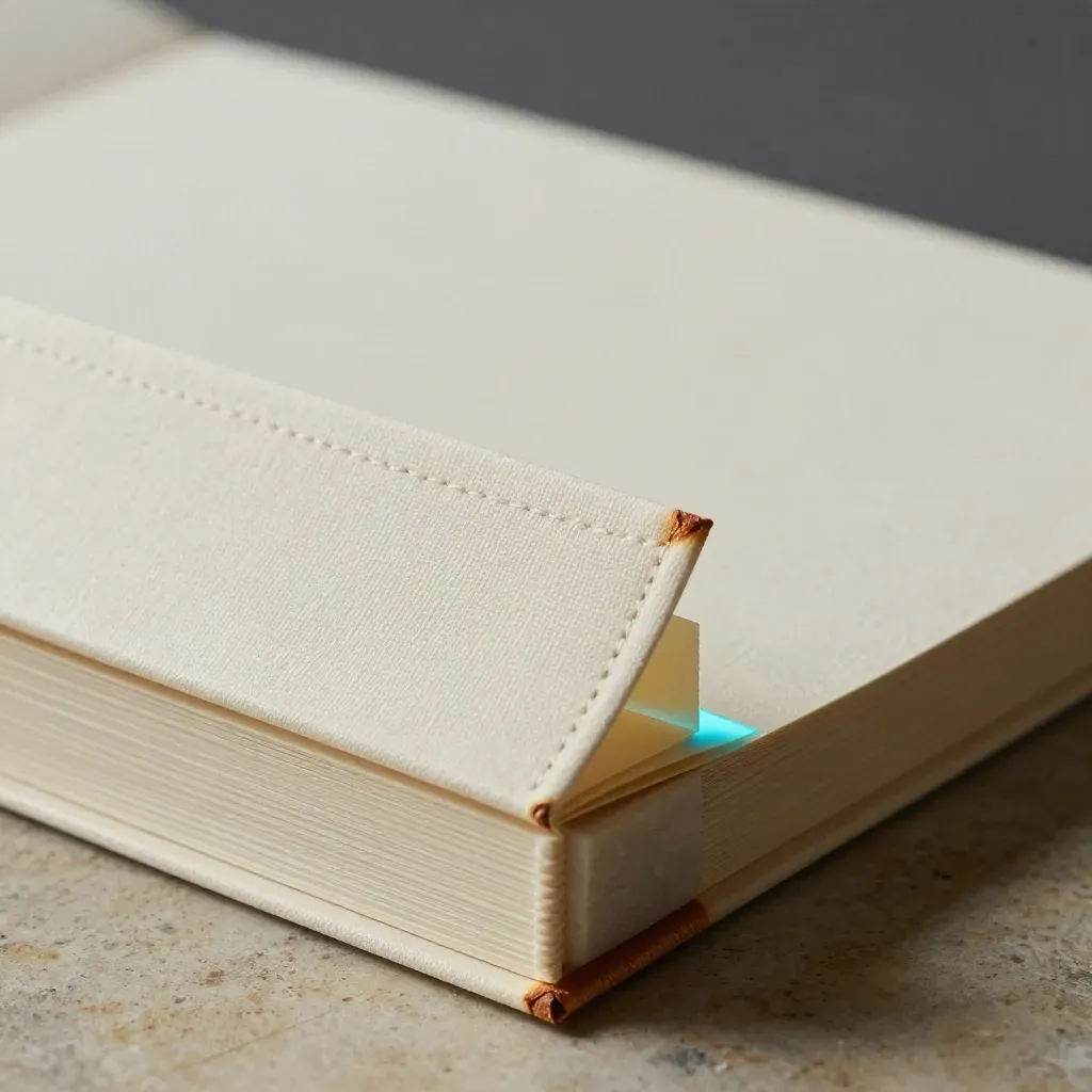 Cream folio with folded cotton sleeve and travertine block in a close-up editorial still life.