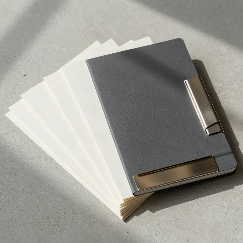 Top-down fan of a presentation deck with blank sheets, metal clip and translucent divider on concrete.