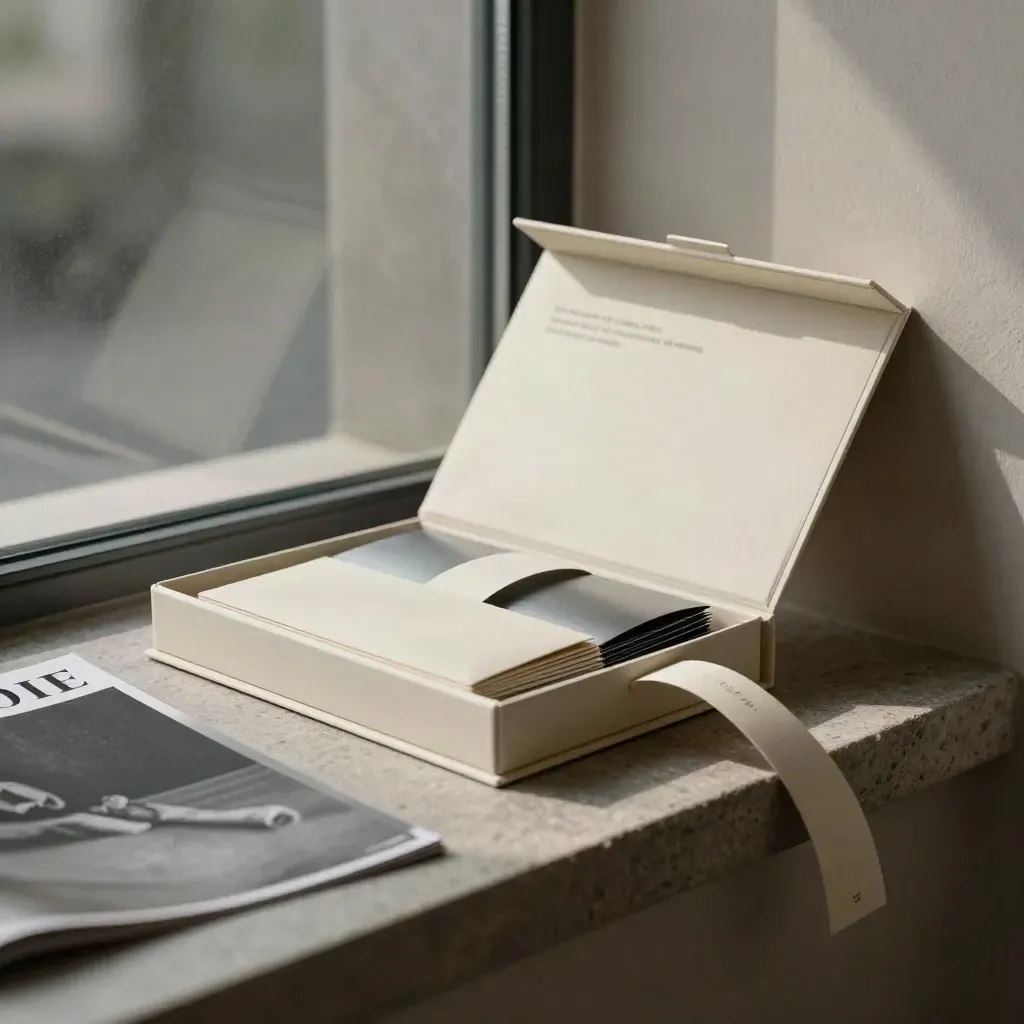 Open reply kit with tabbed inserts, pouch, and band on a graphite stone ledge in soft daylight