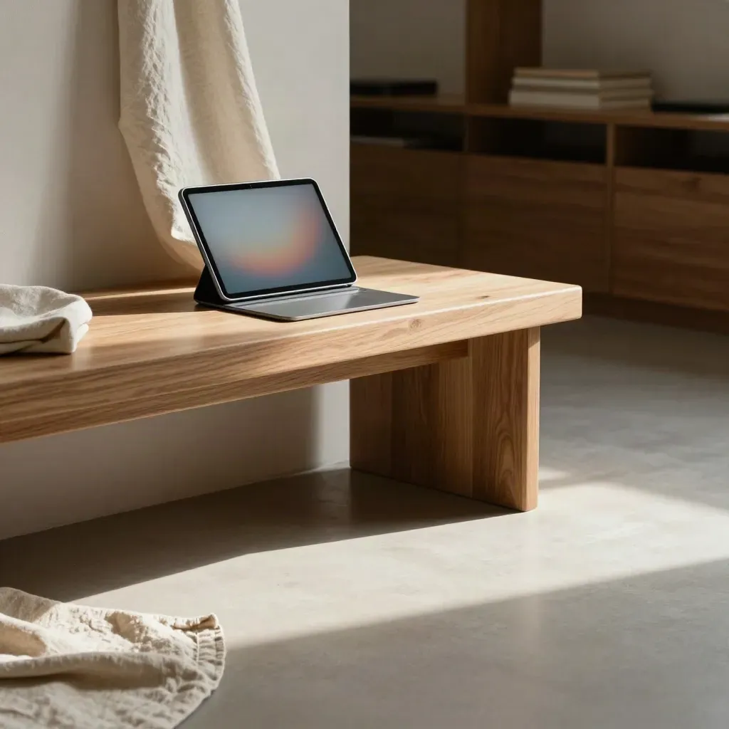 Sunlit loft corner with plaster wall, linen drape, oak bench, and blurred tablet on a calm neutral backdrop.