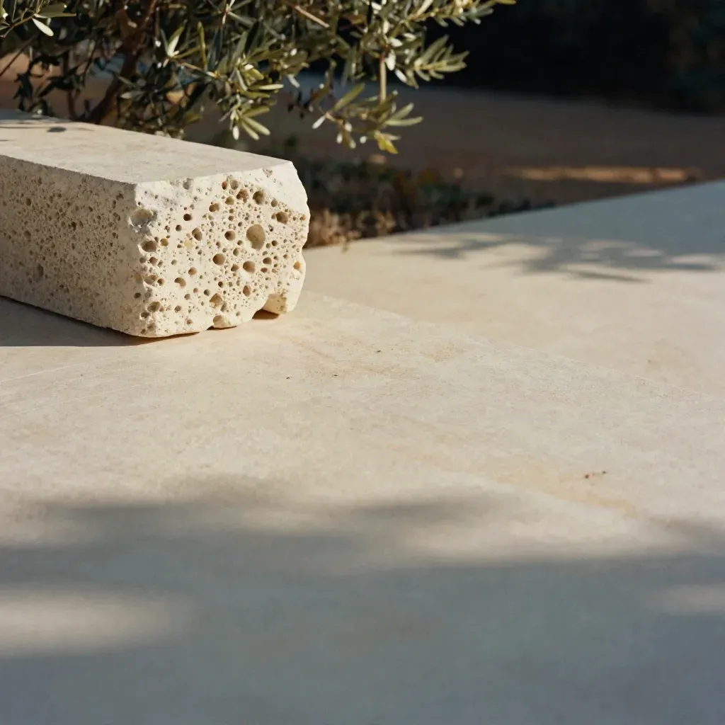 Sunlit travertine terrace with a stone plinth, blurred foliage and calm empty copy space.